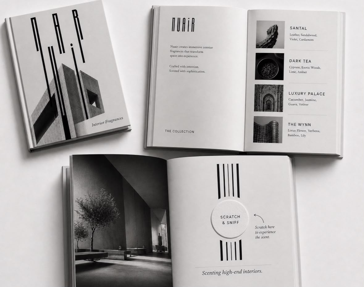 NUAIR interior fragrance catalogs with scratch-and-sniff page
