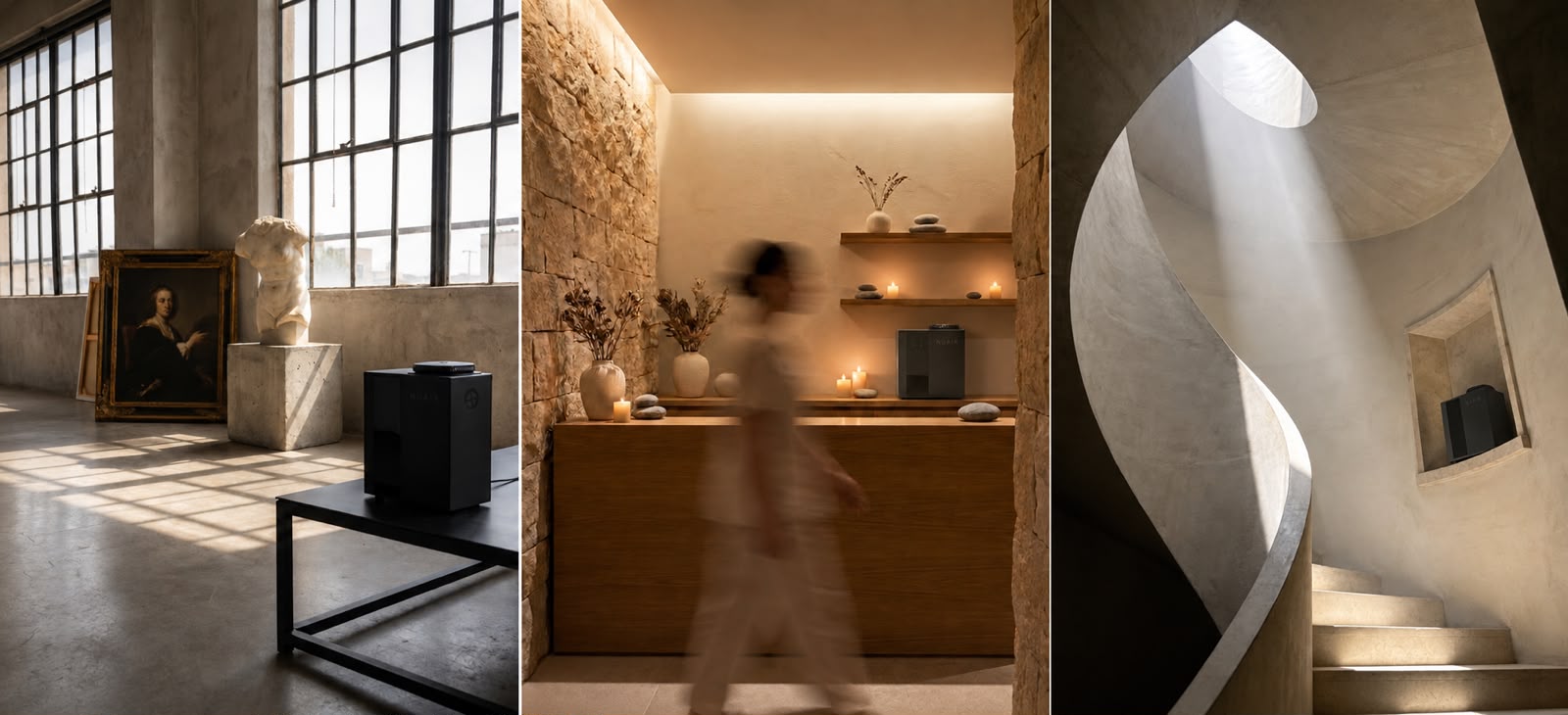 Studio 1 in three interiors — a loft, a spa reception, and a sculpted stairwell